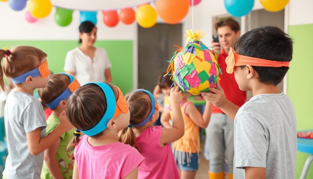 Bezpieczna zabawa z piniatą - dzieci z zasłoniętymi oczami pod nadzorem dorosłych Bezpieczna zabawa z piniatą - dzieci z zasłoniętymi oczami pod nadzorem dorosłych