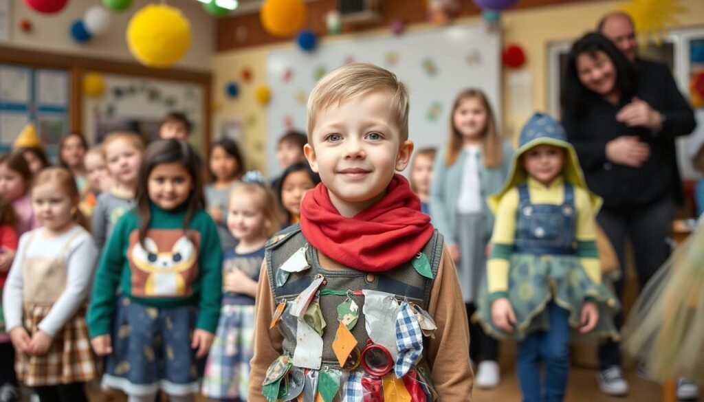 Chłopiec w stroju ekologicznym podczas szkolnego pokazu mody Chłopiec w stroju ekologicznym podczas szkolnego pokazu mody