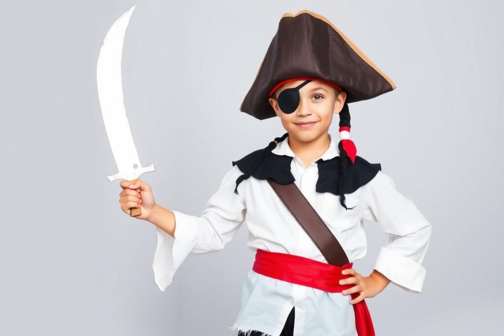 Chłopiec w stroju pirata z kapeluszem, opaską na oko i szablą Chłopiec w stroju pirata z kapeluszem, opaską na oko i szablą