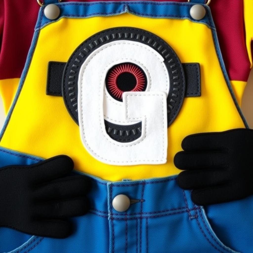 Detale stroju Minionka - logo Gru i czarne rękawiczki
