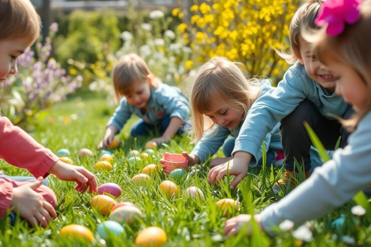 Dzieci podczas tradycyjnego polowania na jajka wielkanocne (egg hunt) w ogrodzie