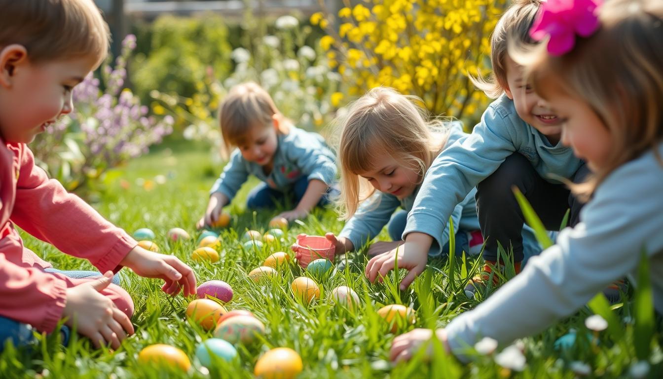 Dzieci podczas tradycyjnego polowania na jajka wielkanocne (egg hunt) w ogrodzie