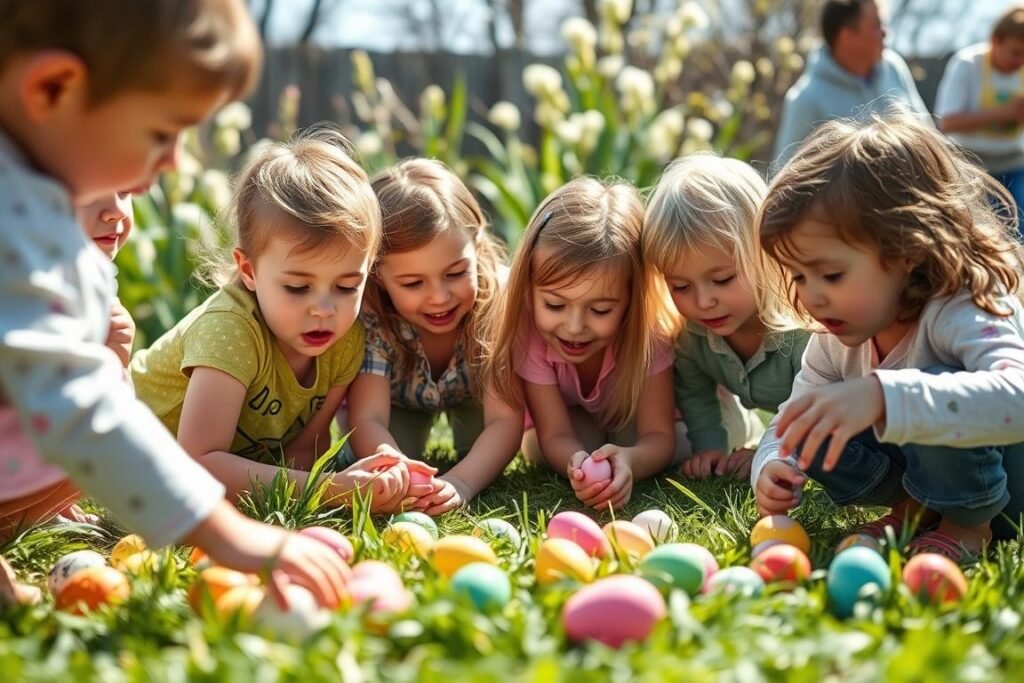 Dzieci szukające jajek podczas polowania na jajka (egg hunt) w ogrodzie