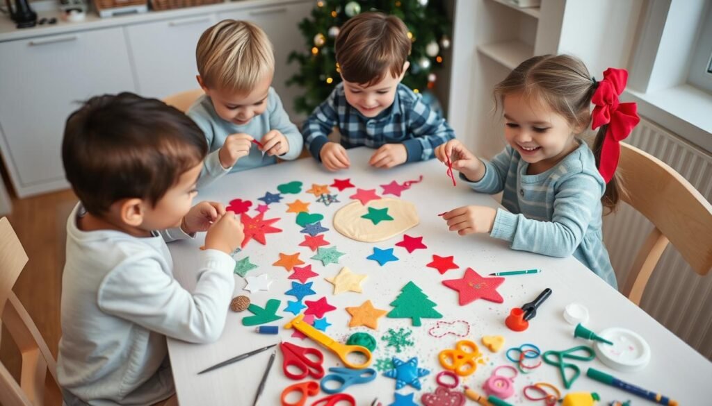 Dzieci tworzące ozdoby choinkowe DIY z filcu i masy solnej przy stole Dzieci tworzące ozdoby choinkowe DIY z filcu i masy solnej przy stole