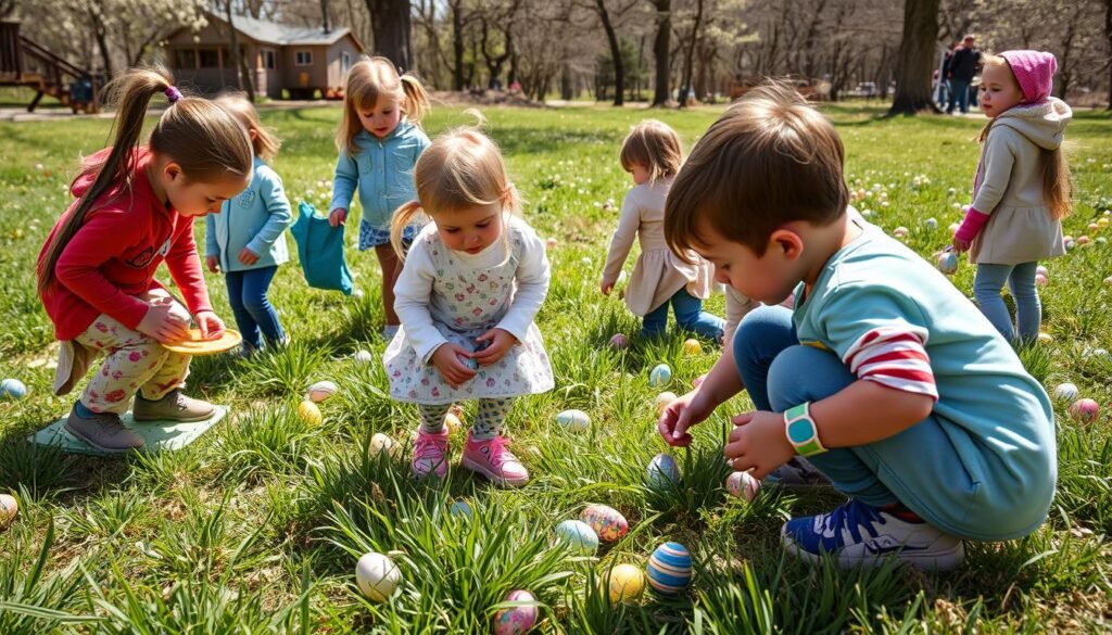 Dzieci w różnym wieku uczestniczące w polowaniu na jajka (egg hunt)