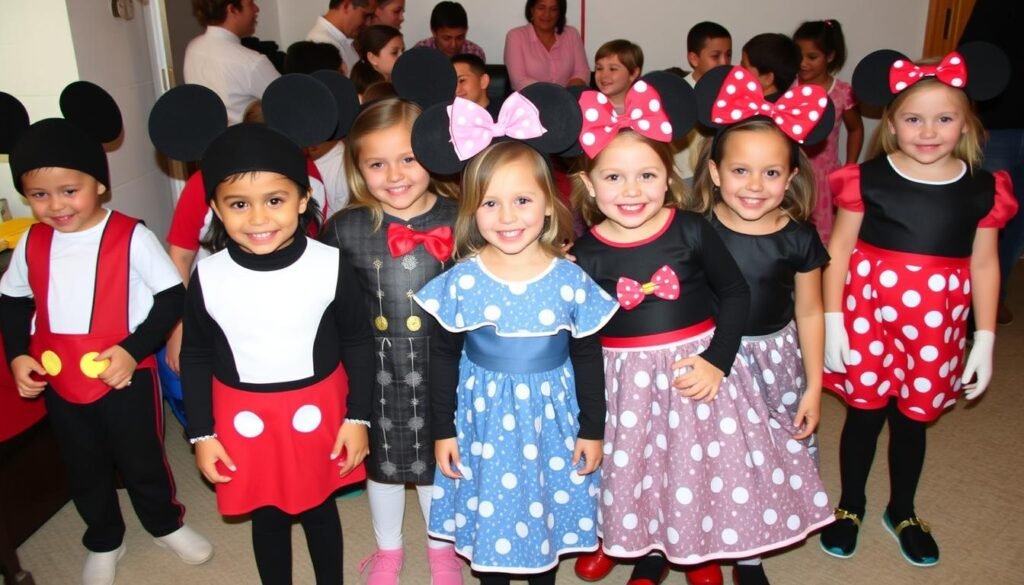 Dzieci w samodzielnie wykonanych strojach Myszki Miki i Minnie Dzieci w samodzielnie wykonanych strojach Myszki Miki i Minnie