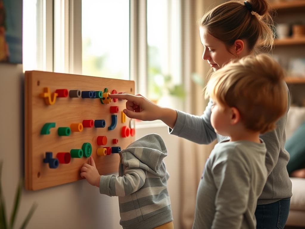 Dziecko bezpiecznie bawiące się tablicą manipulacyjną pod nadzorem rodzica Dziecko bezpiecznie bawiące się tablicą manipulacyjną pod nadzorem rodzica