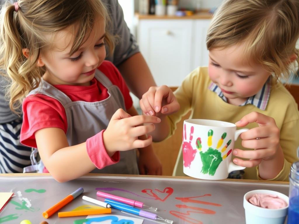 Dziecko przygotowujące prezent na dzień mamy DIY z pomocą dorosłego Dziecko przygotowujące prezent na dzień mamy DIY z pomocą dorosłego