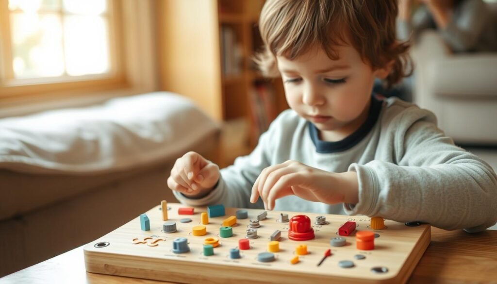 Dziecko rozwijające umiejętności manualne dzięki tablicy manipulacyjnej DIY Dziecko rozwijające umiejętności manualne dzięki tablicy manipulacyjnej DIY