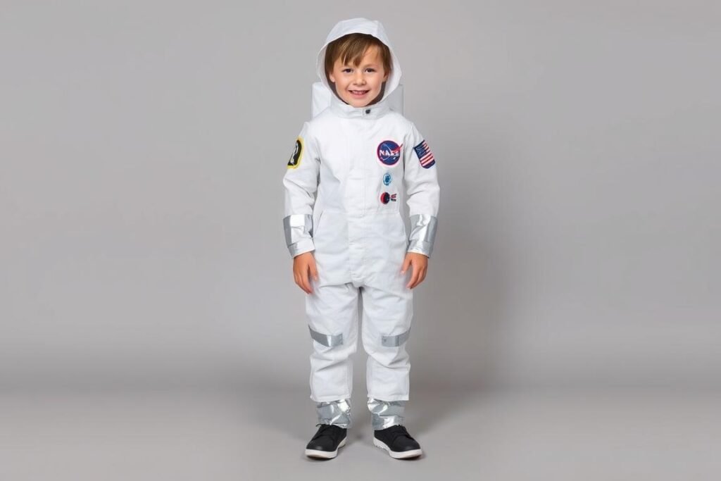 Dziecko w białym kombinezonie astronauty z taśmami odblaskowymi na rękawach i nogawkach Dziecko w białym kombinezonie astronauty z taśmami odblaskowymi na rękawach i nogawkach