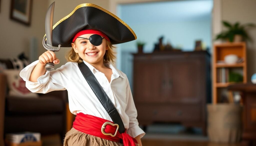 Dziecko w pełnym stroju pirata z wszystkimi akcesoriami Dziecko w pełnym stroju pirata z wszystkimi akcesoriami