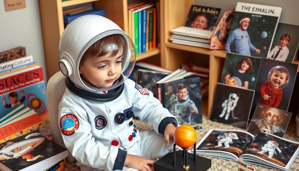 Dziecko w stroju astronauty uczące się o kosmosie z książkami i modelami planet Dziecko w stroju astronauty uczące się o kosmosie z książkami i modelami planet