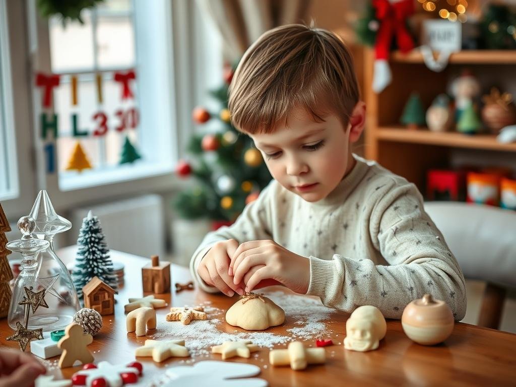 Dziecko w wieku szkolnym wykonujące świąteczne ozdoby z masy solnej