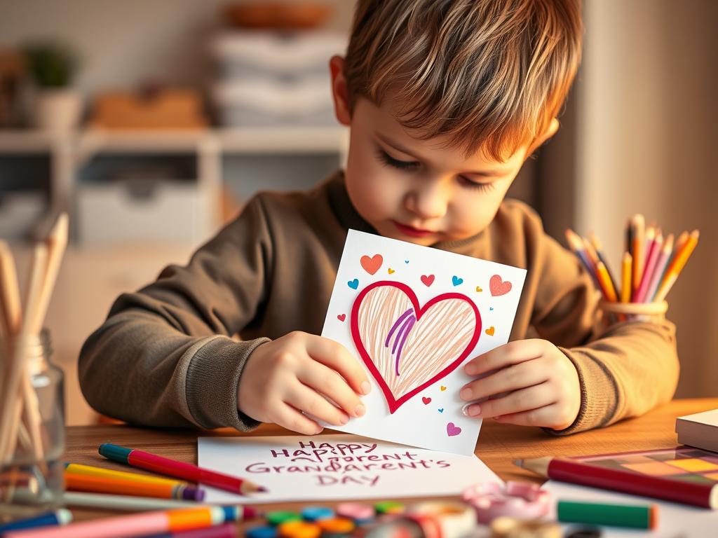 Dziecko wykonujące prezent na dzień babci i dziadka DIY - kolorowa laurka z sercem