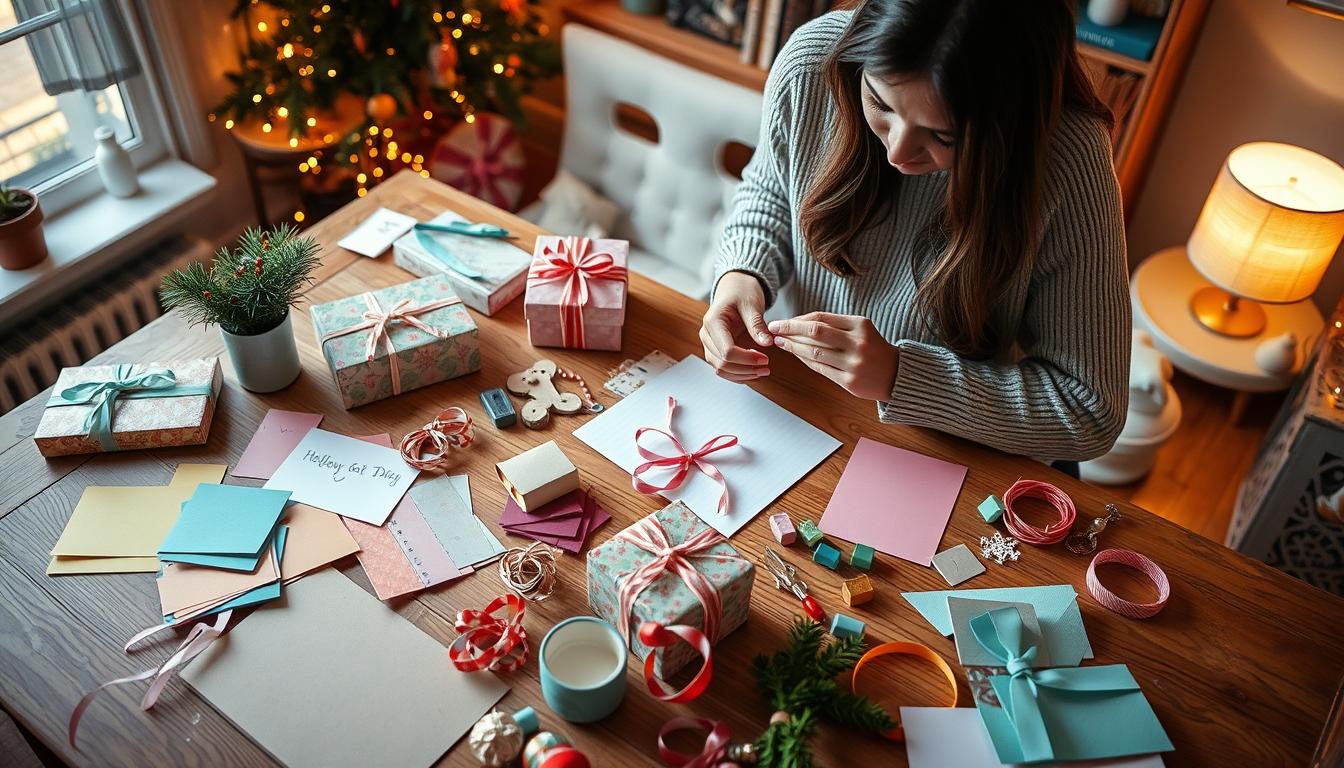 Dziewczyna przygotowująca prezent dla przyjaciółki DIY - układa materiały na stole