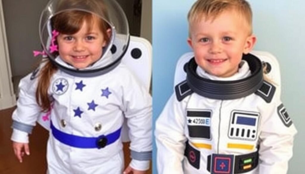 Dziewczynka i chłopiec w spersonalizowanych strojach astronauty z różnymi dodatkami i kolorami Dziewczynka i chłopiec w spersonalizowanych strojach astronauty z różnymi dodatkami i kolorami