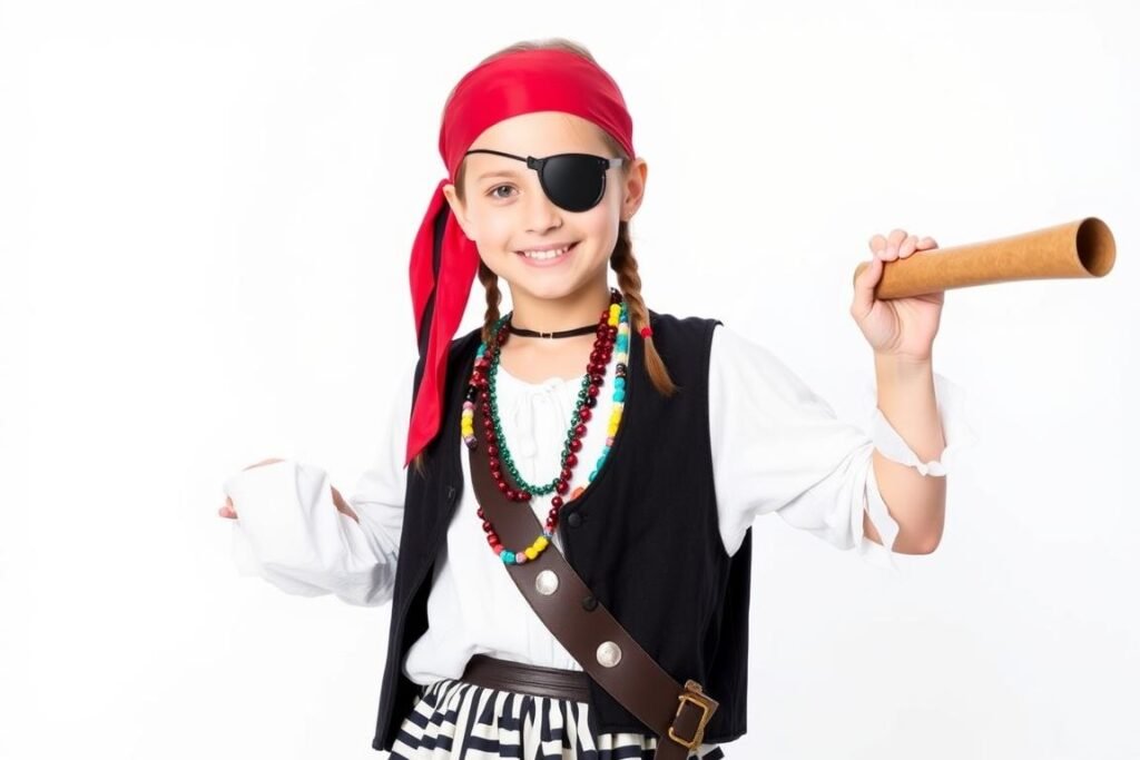 Dziewczynka w stroju piratki z bandaną, spódnicą i biżuterią Dziewczynka w stroju piratki z bandaną, spódnicą i biżuterią