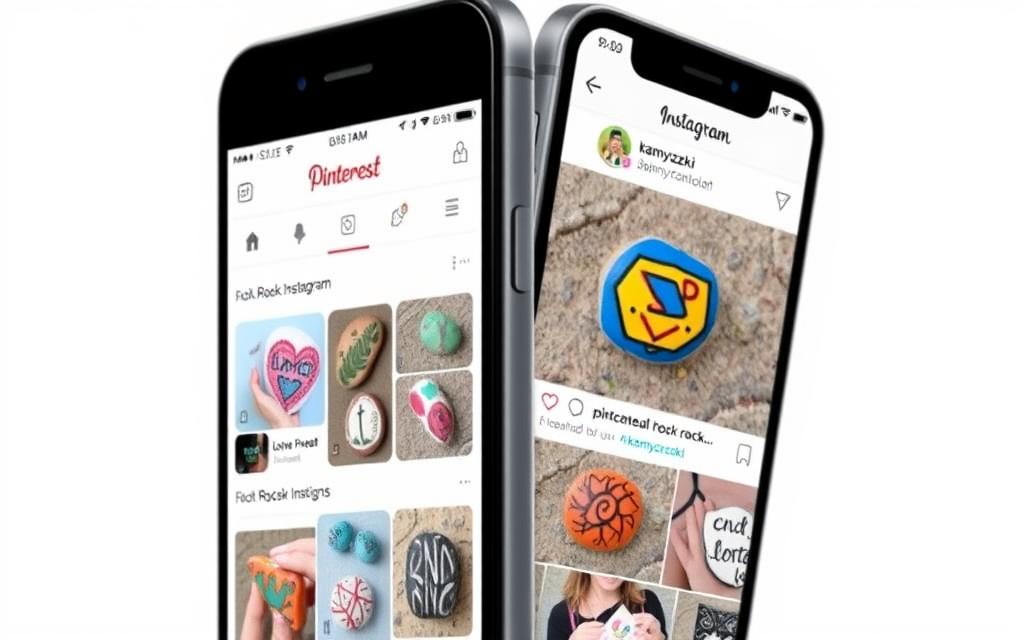 Ekran telefonu pokazujący inspiracje do malowania kamieni na Pintereście i Instagramie
