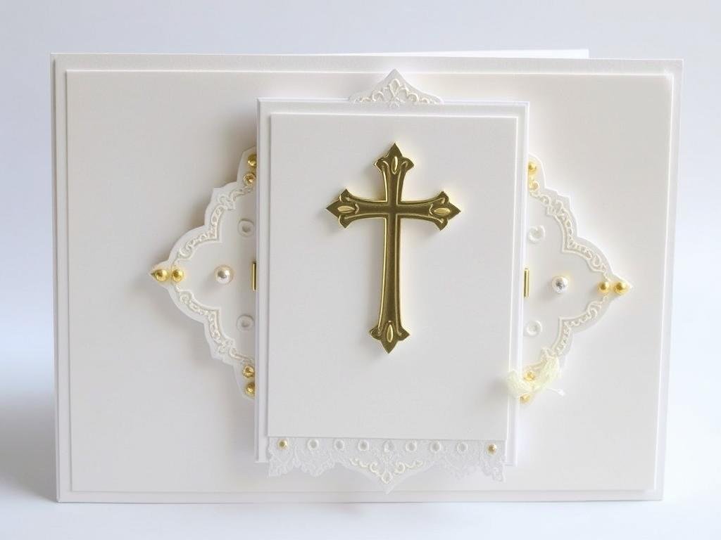 Elegancka biała kartka na komunię DIY z krzyżem i złotymi elementami Elegancka biała kartka na komunię DIY z krzyżem i złotymi elementami