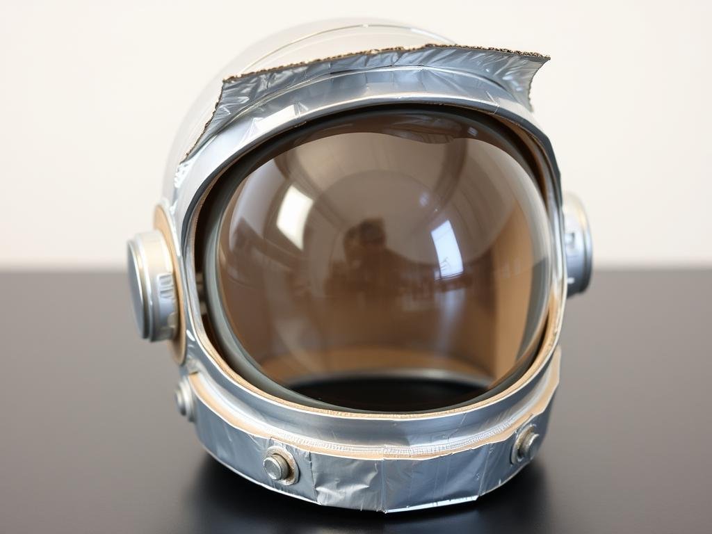 Hełm astronauty wykonany z kartonu i folii aluminiowej z przezroczystą szybką z przodu Hełm astronauty wykonany z kartonu i folii aluminiowej z przezroczystą szybką z przodu