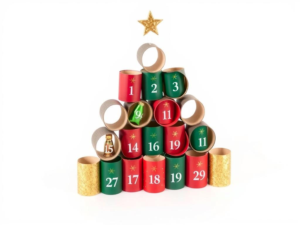 Kalendarz adwentowy DIY z rolek po papierze toaletowym pomalowanych na różne kolory i ułożonych w kształt choinki