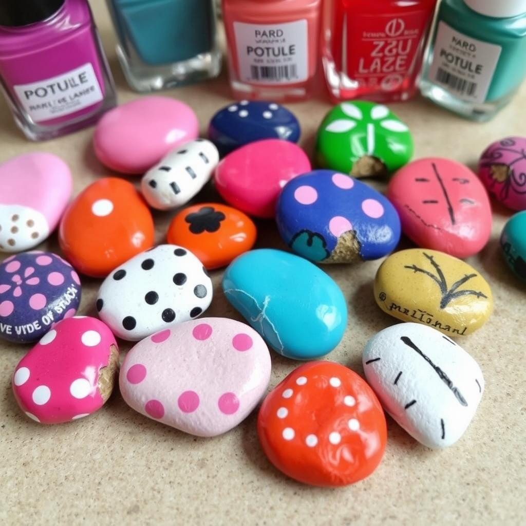 Kamienie malowane lakierem do paznokci w różnych kolorach i wzorach
