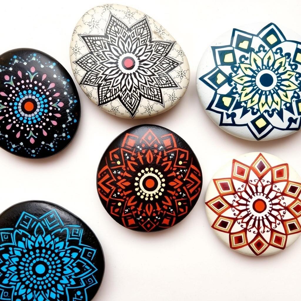 Kamienie z malowanymi mandalami i wzorami geometrycznymi