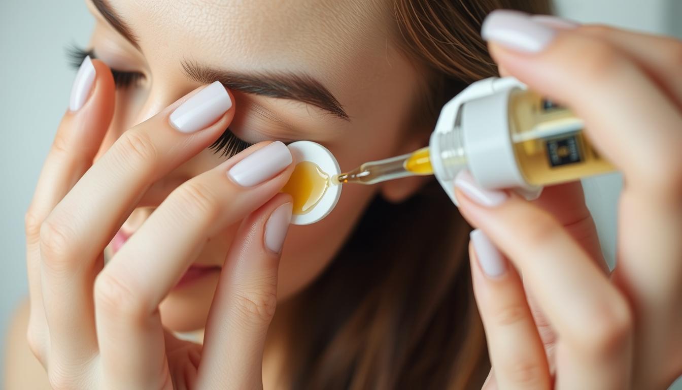 Kobieta delikatnie usuwa klej do rzęs ze skóry za pomocą olejku i wacika, czym zmyć klej do rzęs ze skóry