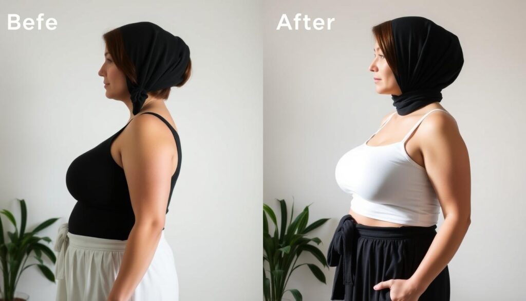 Kobieta przed i po zastosowaniu naturalnych metod na zmniejszenie biustu Kobieta przed i po zastosowaniu naturalnych metod na zmniejszenie biustu