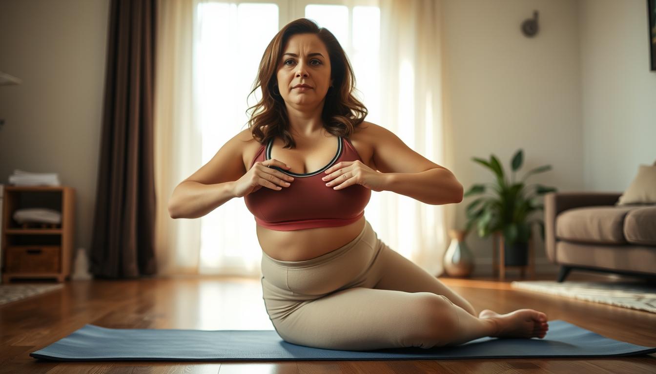 Kobieta z dużym biustem wykonująca ćwiczenia na zmniejszenie biustu - naturalny sposób na zmniejszenie biustu