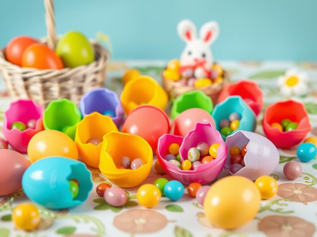 Kolorowe plastikowe jajka wielkanocne przygotowane do polowania na jajka (egg hunt)