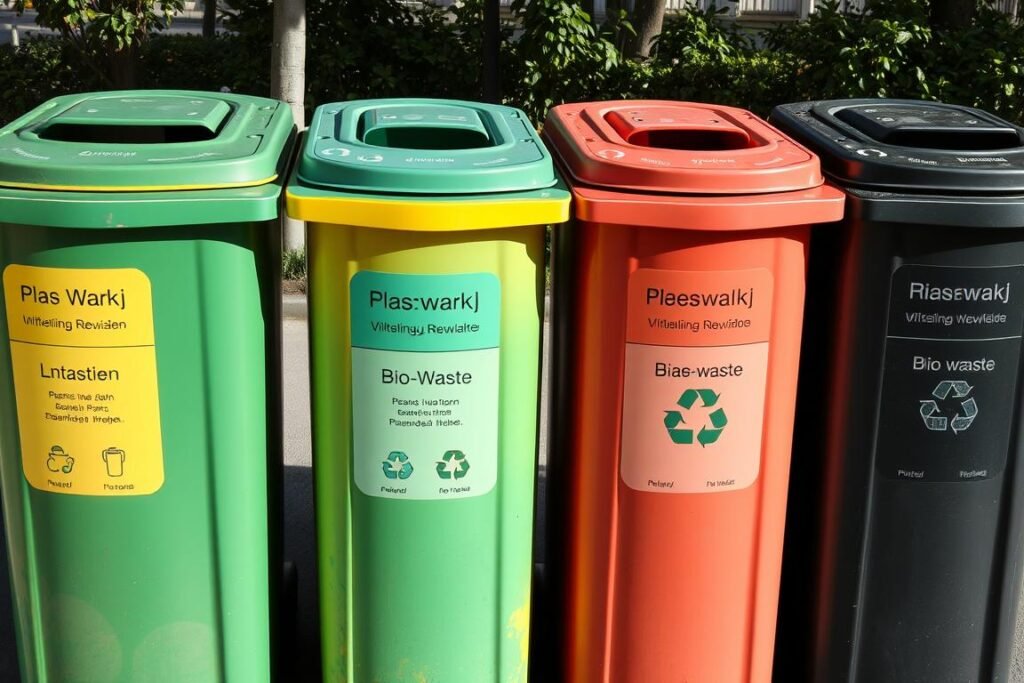 Kolorowe pojemniki do segregacji odpadów z oznaczeniami dla różnych materiałów