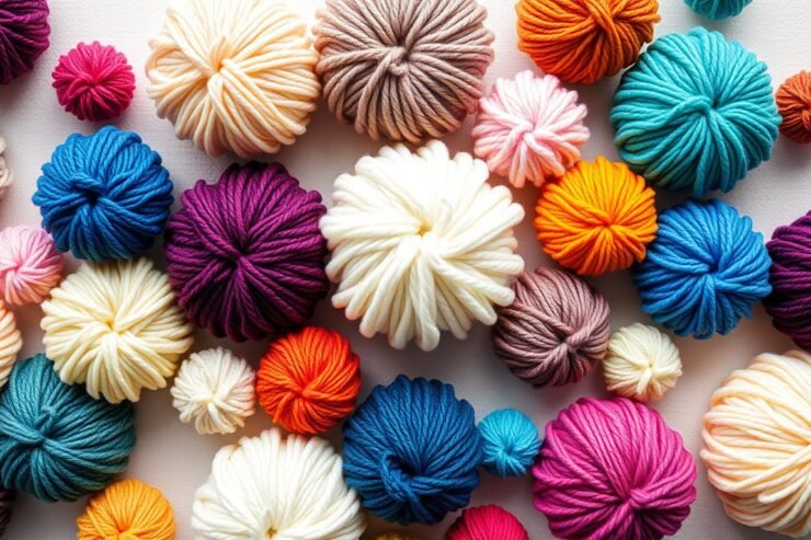Kolorowe pompony z włóczki ułożone na jasnym tle - efekt końcowy po zastosowaniu metod opisanych w artykule jak zrobić pompon