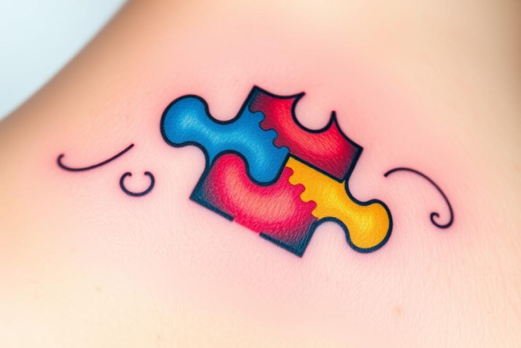 Kolorowy tatuaż puzzle symbolizujący wsparcie dla osób z autyzmem