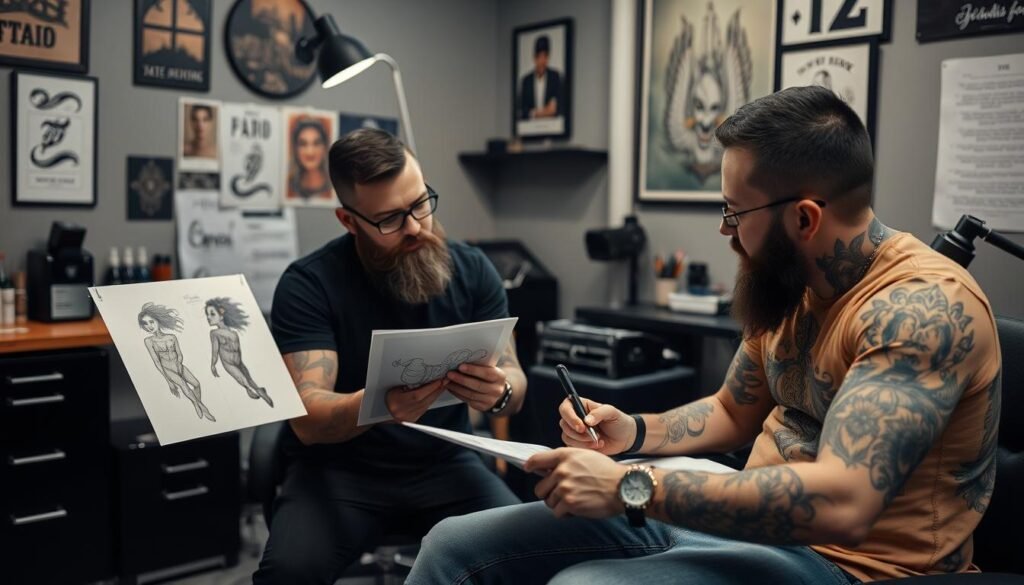 Konsultacja z tatuażystą podczas wyboru wzoru o osobistym znaczeniu