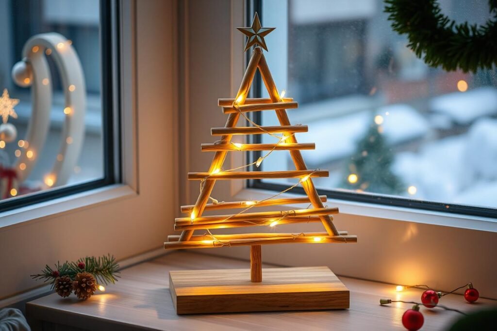 Kreatywna choinka DIY wykonana z drewnianych patyczków na podstawie Kreatywna choinka DIY wykonana z drewnianych patyczków na podstawie
