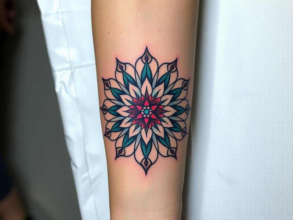 Kwiatowa mandala tatuaż z elementami naturalnymi