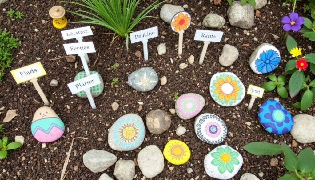 Malowane kamienie jako dekoracje ogrodowe - oznaczenia roślin i elementy dekoracyjne