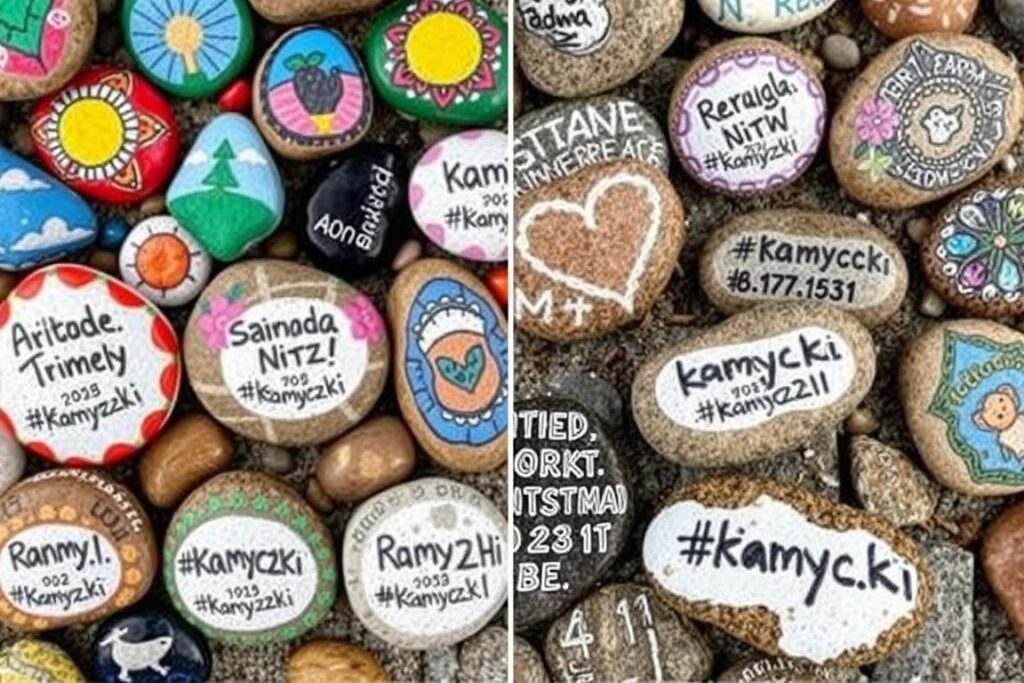 Malowane kamienie z tagiem #kamyczki przygotowane do ukrycia w przestrzeni publicznej