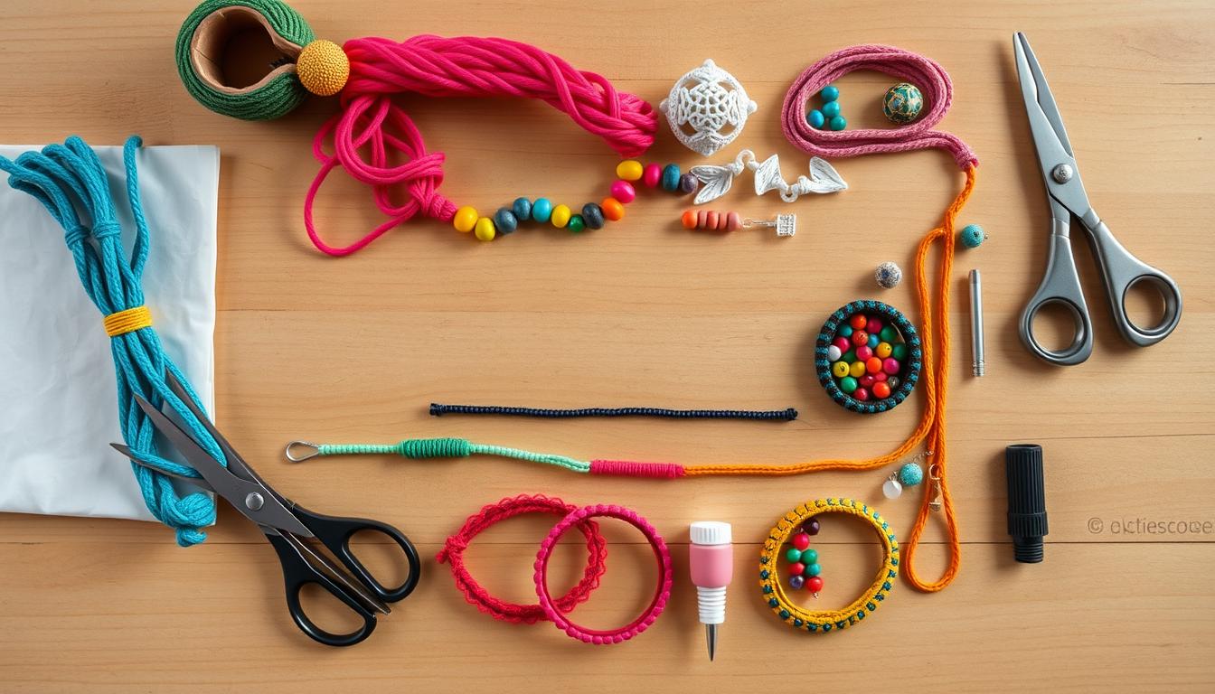 Materiały do tworzenia bransoletki DIY - sznurki, koraliki i narzędzia ułożone na drewnianym stole