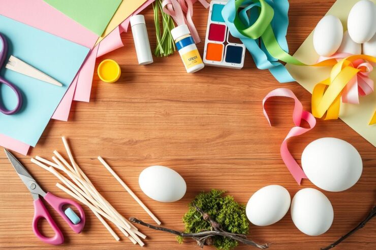 Materiały do tworzenia ozdób wielkanoc DIY ułożone na stole