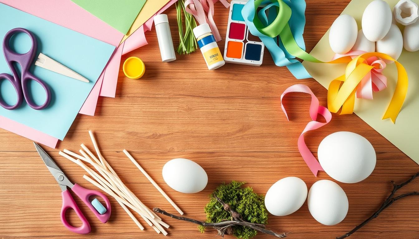 Materiały do tworzenia ozdób wielkanoc DIY ułożone na stole