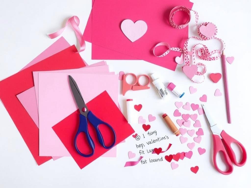 Materiały do wykonania kartki walentynkowej DIY - kolorowe papiery, nożyczki, klej Materiały do wykonania kartki walentynkowej DIY - kolorowe papiery, nożyczki, klej