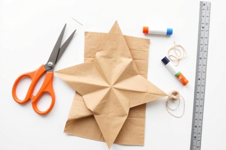 Materiały potrzebne do wykonania gwiazdy z torebek śniadaniowych ułożone na stole