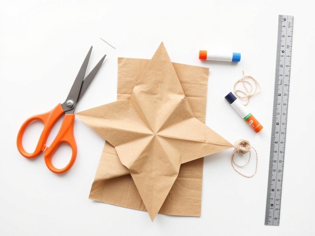 Materiały potrzebne do wykonania gwiazdy z torebek śniadaniowych ułożone na stole