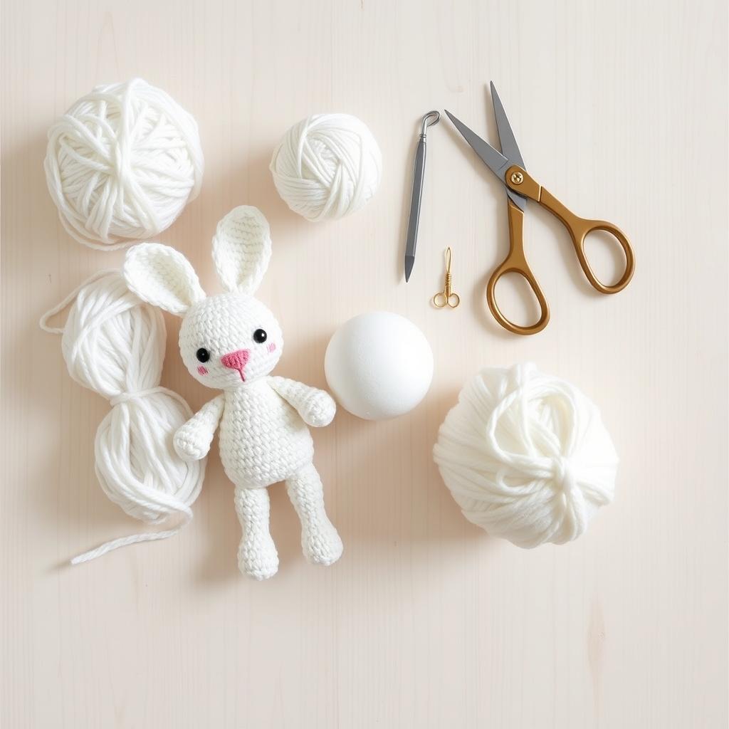 Materiały potrzebne do wykonania królika na szydełku: włóczka, szydełko, nożyczki, igła i wypełnienie