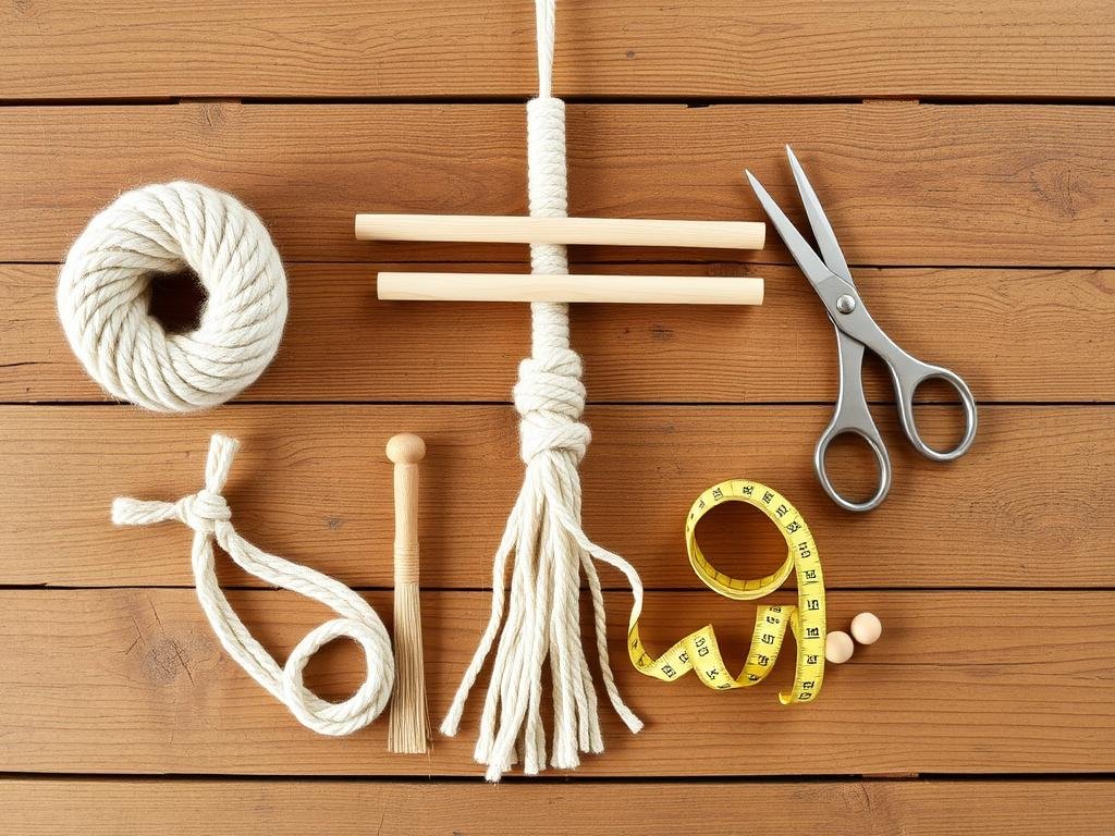 Materiały potrzebne do wykonania makramy diy ułożone na drewnianym stole Materiały potrzebne do wykonania makramy diy ułożone na drewnianym stole