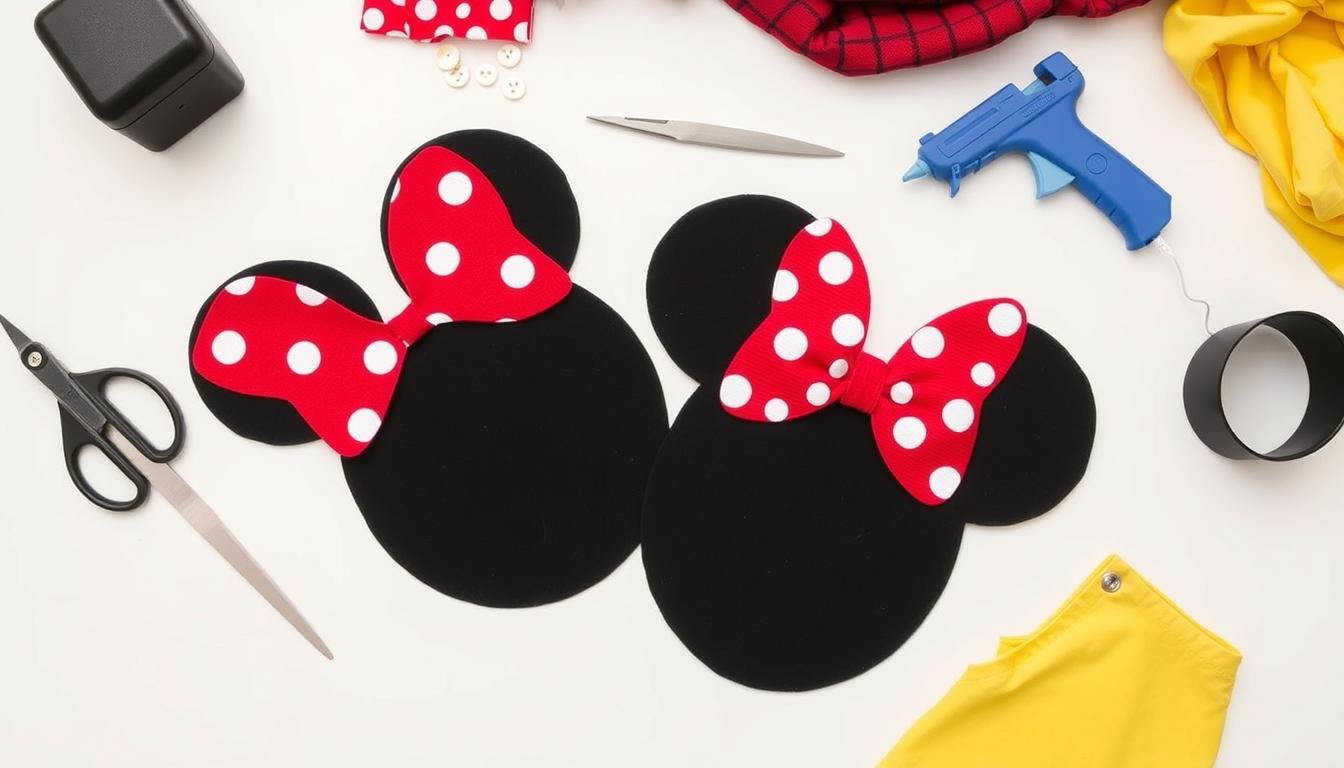 Materiały potrzebne do wykonania stroju Myszki Miki i Minnie rozłożone na stole