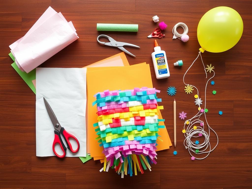 Materiały potrzebne do zrobienia piniaty krok po kroku ułożone na stole