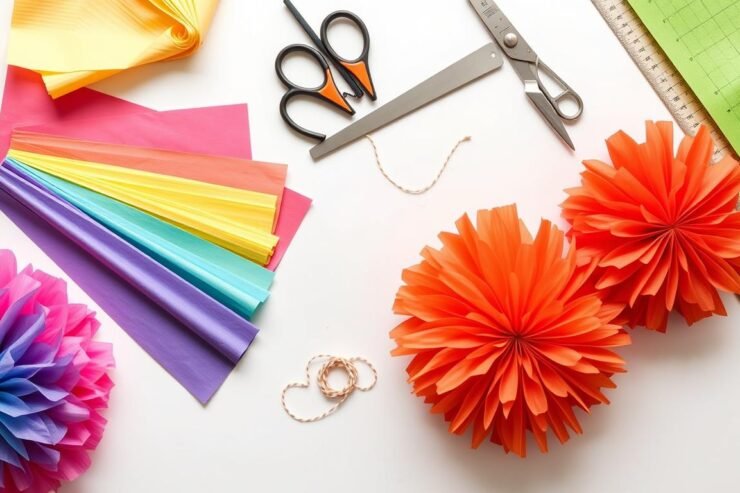 Materiały potrzebne do zrobienia pomponów z bibuły: bibuła karbowana w różnych kolorach, nożyczki, sznurek i linijka
